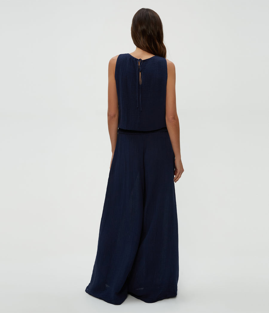 Simba Smocked Waist Pant in Nocturnal Blue Back View #NOCTURNAL
