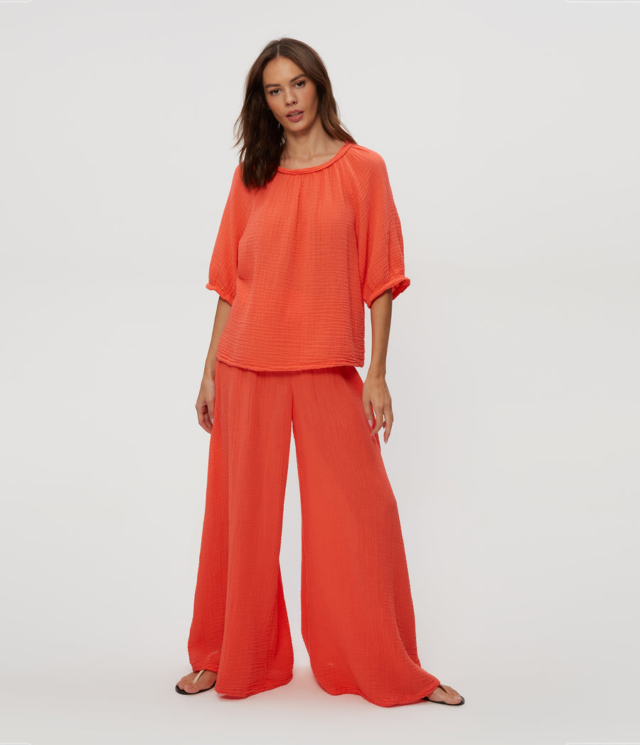 Simba Smocked Waist Pant in PERSIMMON ORANGE Full Body View #PERSIMMON
