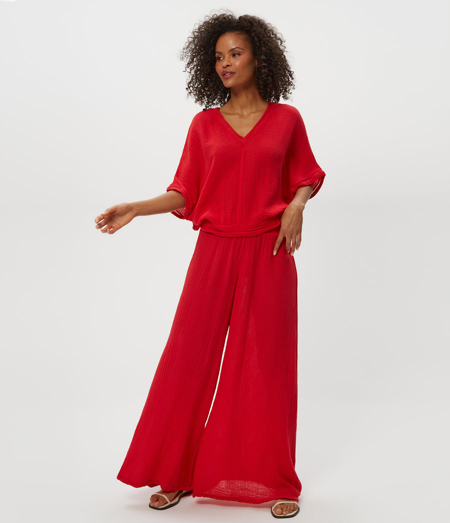 Simba Smocked Waist Pant in Rumba Red Close up View #RUMBA