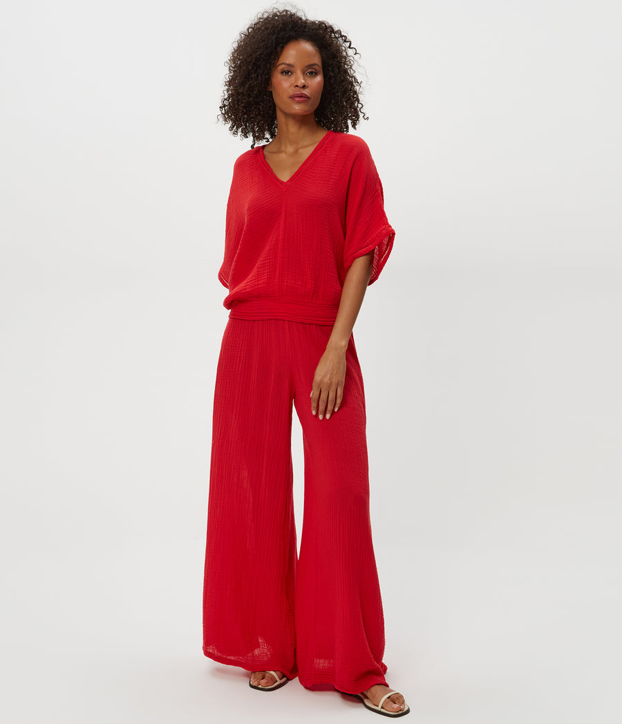 Simba Smocked Waist Pant in Rumba Red Full Body View #RUMBA