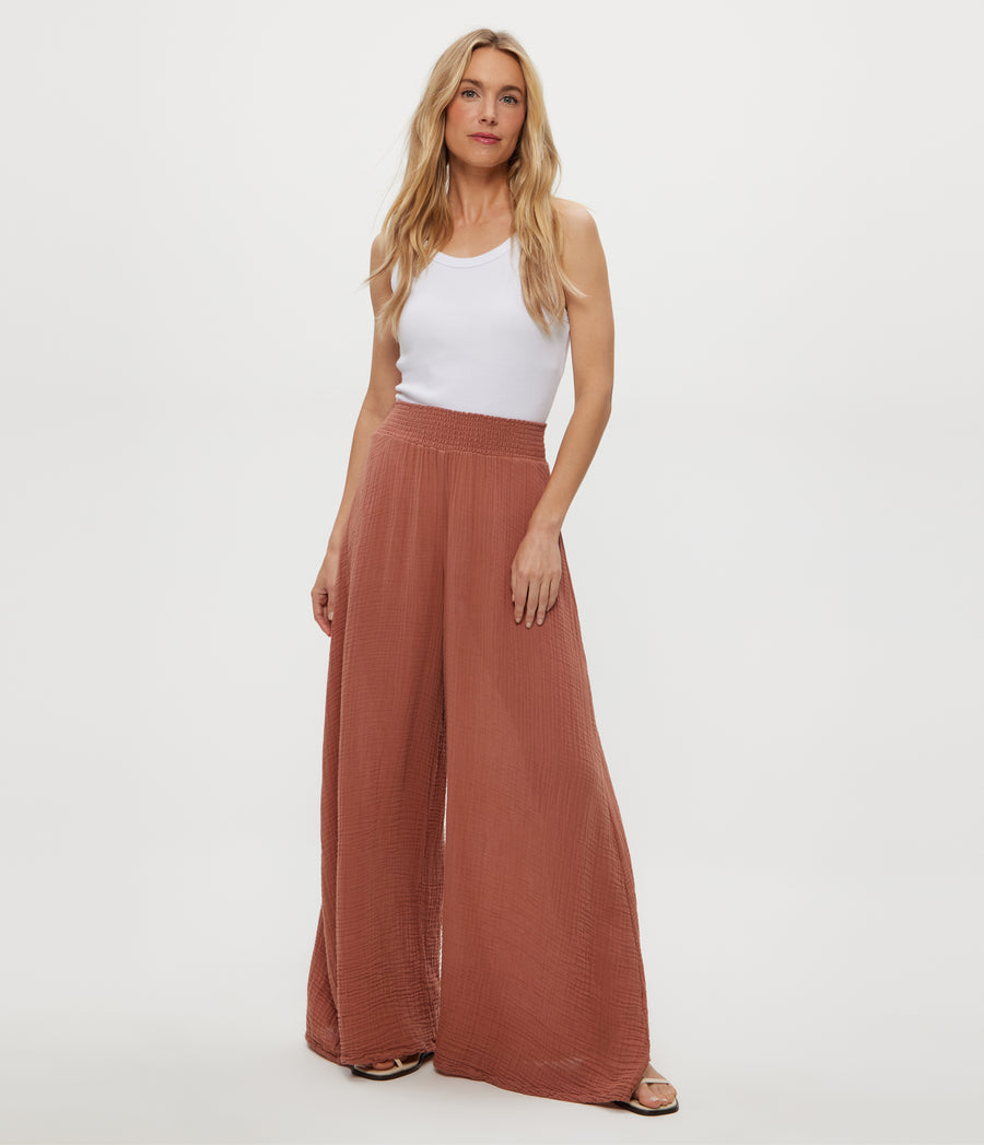 Simba Smocked Waist Pant in TERRA Orange Full Body View #TERRA