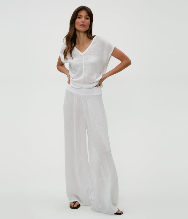 Simba Smocked Waist Pant in White  Close Up View #WHITE