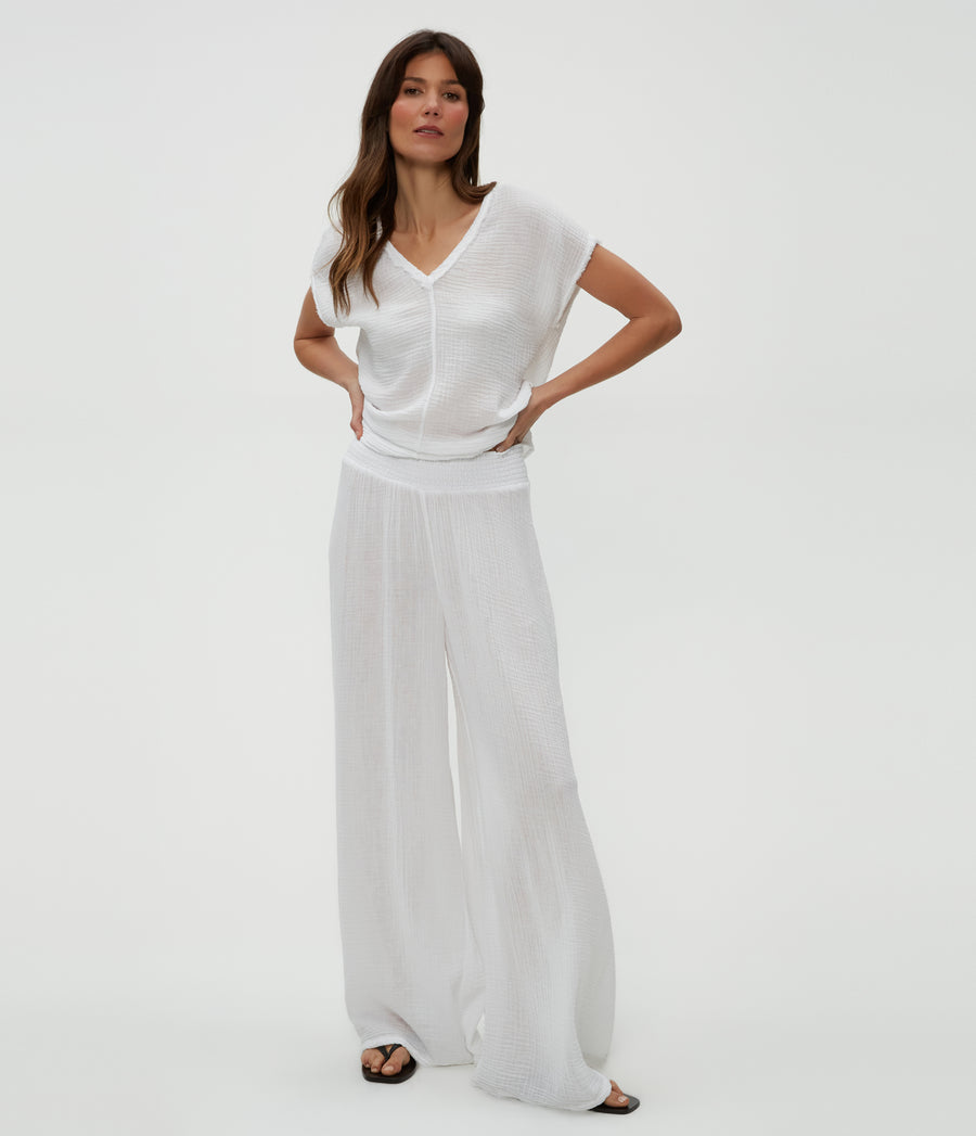 Simba Smocked Waist Pant in White  Close Up View #WHITE