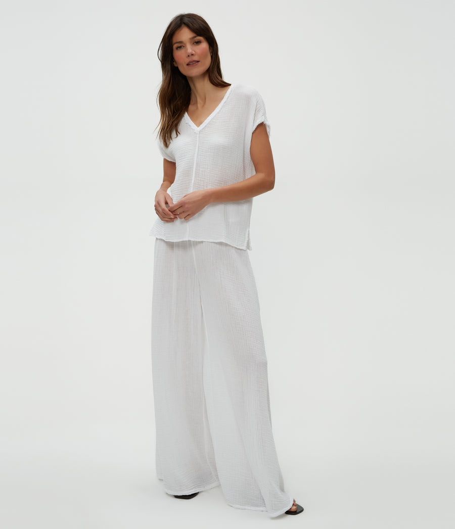 Simba Smocked Waist Pant in White  Full Body View #WHITE