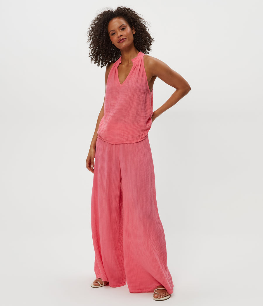 Simba Smocked Waist Pant in  ZINNIA PINK Close up View #ZINNIA