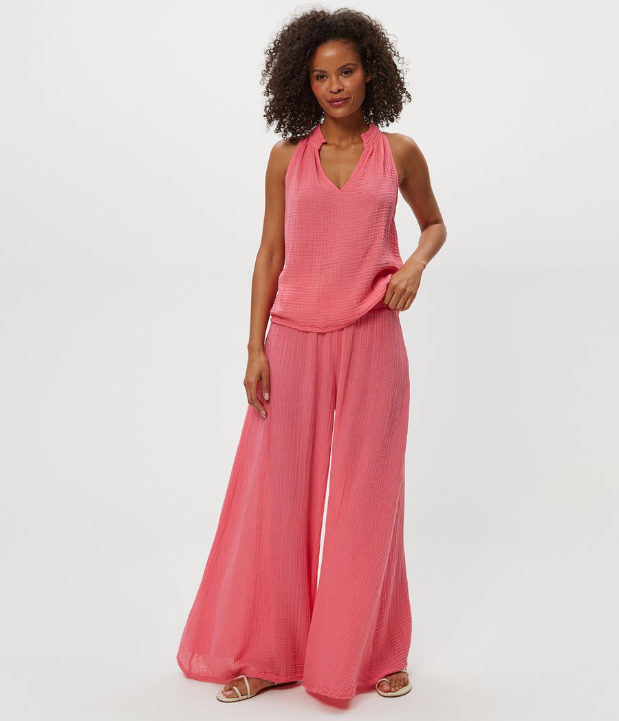 Simba Smocked Waist Pant in  ZINNIA PINK Full Body View #ZINNIA