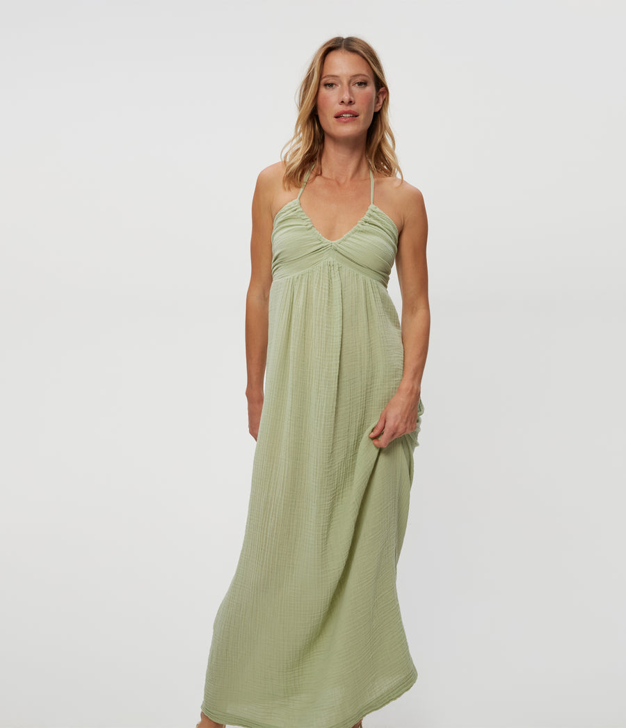 Jessa Maxi Dress in Seacrest Green Close Up View #SEACREST