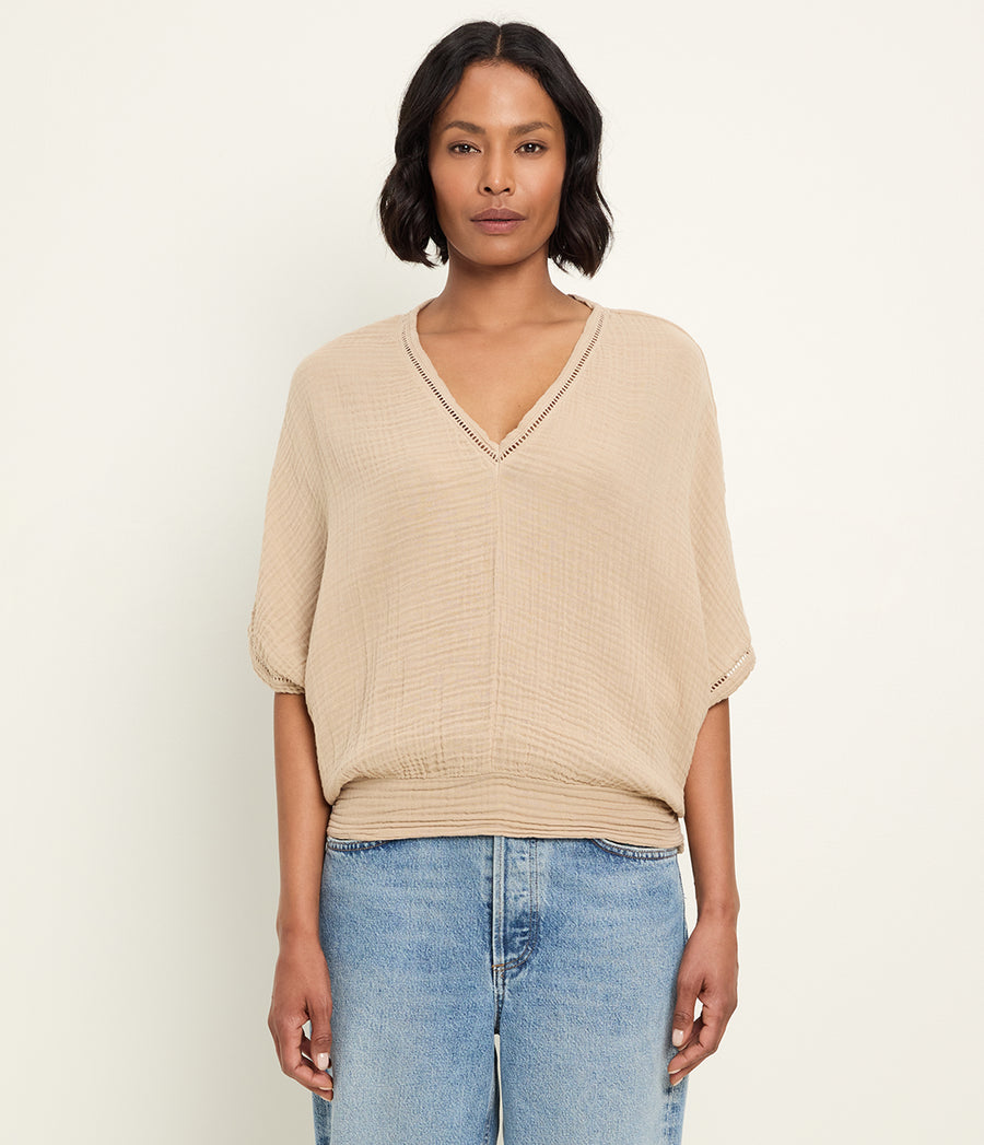 Imani Cropped Dolman Sleeve Top in  MACADAMIA Beige Full Body View #MACADAMIA