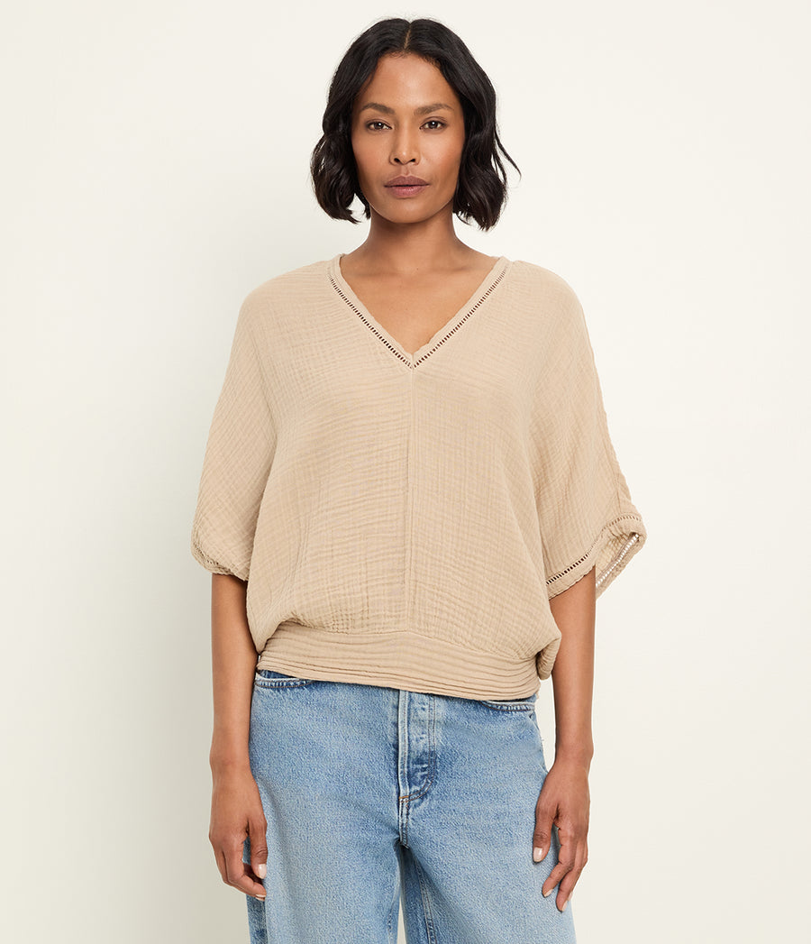 Imani Cropped Dolman Sleeve Top in  MACADAMIA Beige Close up View #MACADAMIA