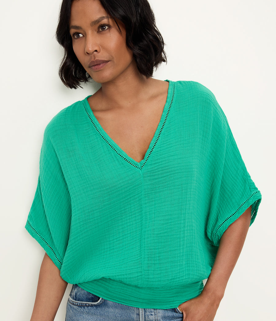 Imani Cropped Dolman Sleeve Top in MALDIVES Green Close up View #MALDIVES