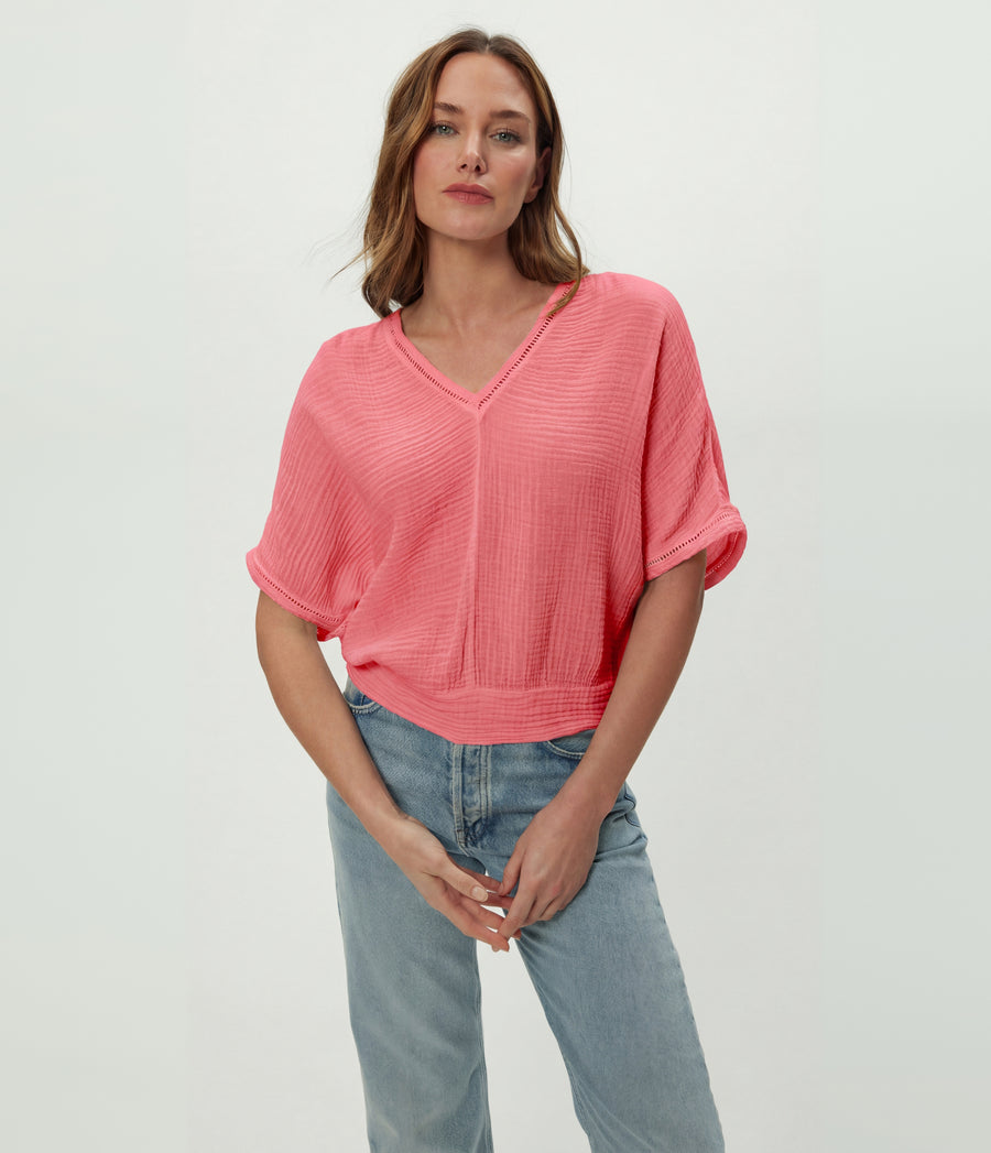 Imani Cropped Dolman Sleeve Top in DRAGONFRUIT Pink Close Up View #DRAGONFRUIT