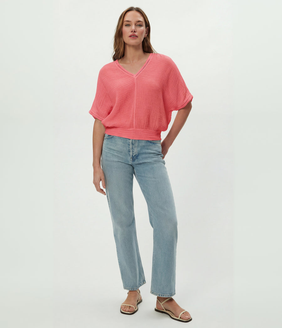 Imani Cropped Dolman Sleeve Top in DRAGONFRUIT Pink Full Body View #DRAGONFRUIT