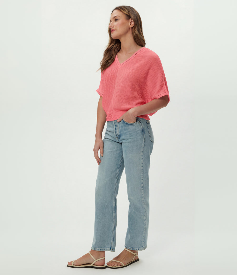 Imani Cropped Dolman Sleeve Top in DRAGONFRUIT Pink Side View #DRAGONFRUIT