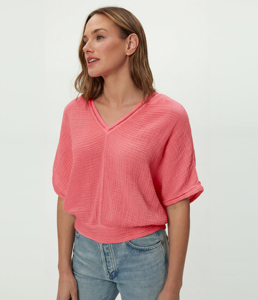 Imani Cropped Dolman Sleeve Top in DRAGONFRUIT Pink Close Up View #DRAGONFRUIT