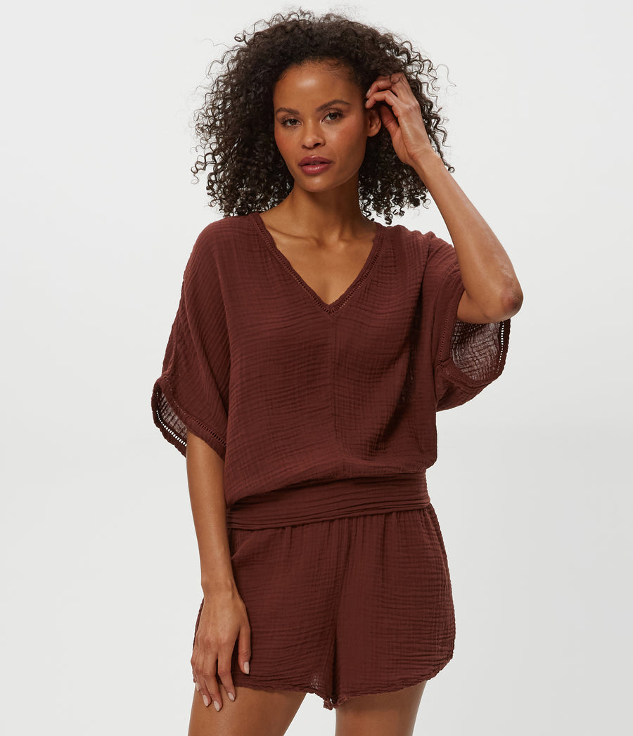 Imani Cropped Dolman Sleeve Topin ESPRESSO Brown Close Up View #ESPRESSO