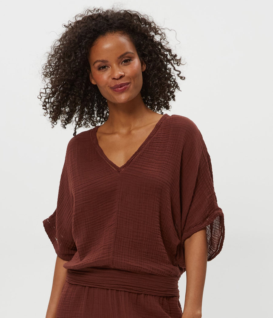 Imani Cropped Dolman Sleeve Top in ESPRESSO Brown Full Body View #ESPRESSO