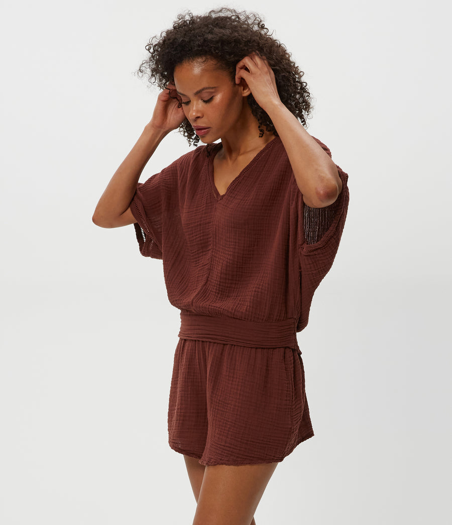 Imani Cropped Dolman Sleeve Top in ESPRESSO Brown Side View #ESPRESSO