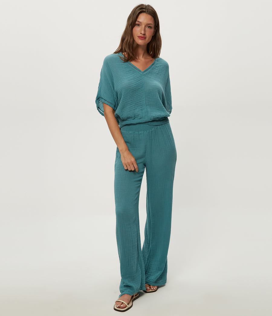 Imani Cropped Dolman Sleeve Top in GLAZE Blue Full Body View #GLAZE
