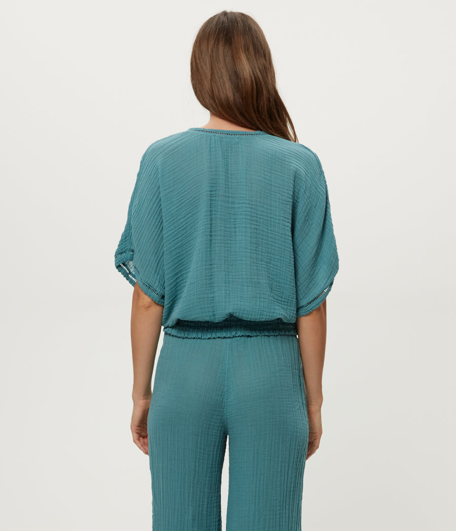 Imani Cropped Dolman Sleeve Top in GLAZE Blue Back View #GLAZE