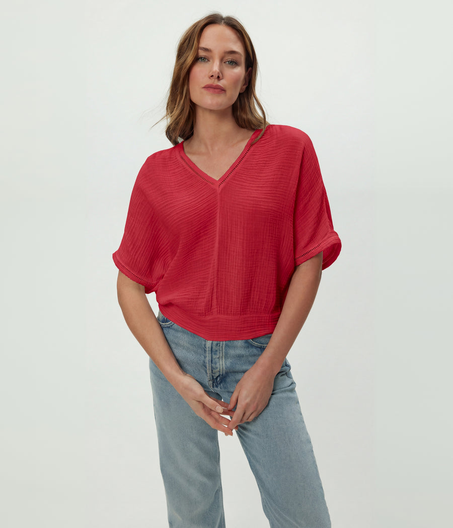 Imani Cropped Dolman Sleeve Top in LACQUER RED Close up View #LACQUER