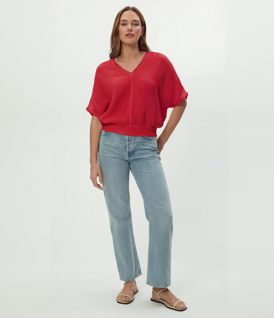 Imani Cropped Dolman Sleeve Top in LACQUER RED Full Body View #LACQUER