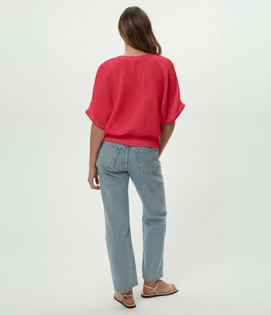 Imani Cropped Dolman Sleeve Top in LACQUER RED Back View #LACQUER