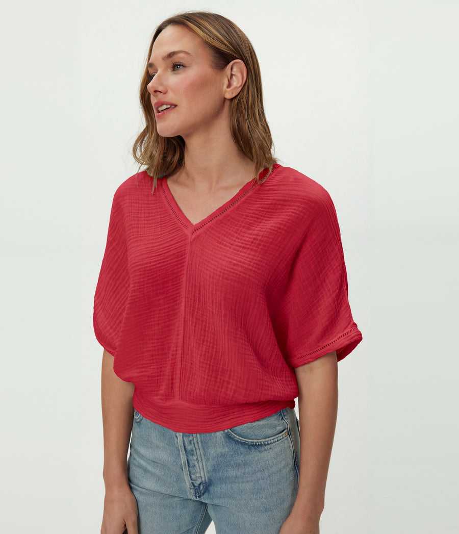 Imani Cropped Dolman Sleeve Top in LACQUER RED Close up View #LACQUER