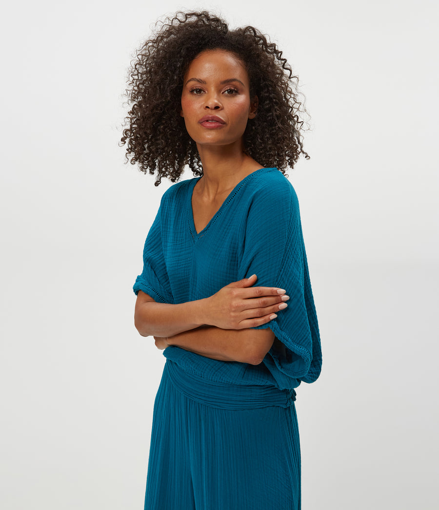 Imani Cropped Dolman Sleeve Top in LAGOON GREEN Side View #LAGOON