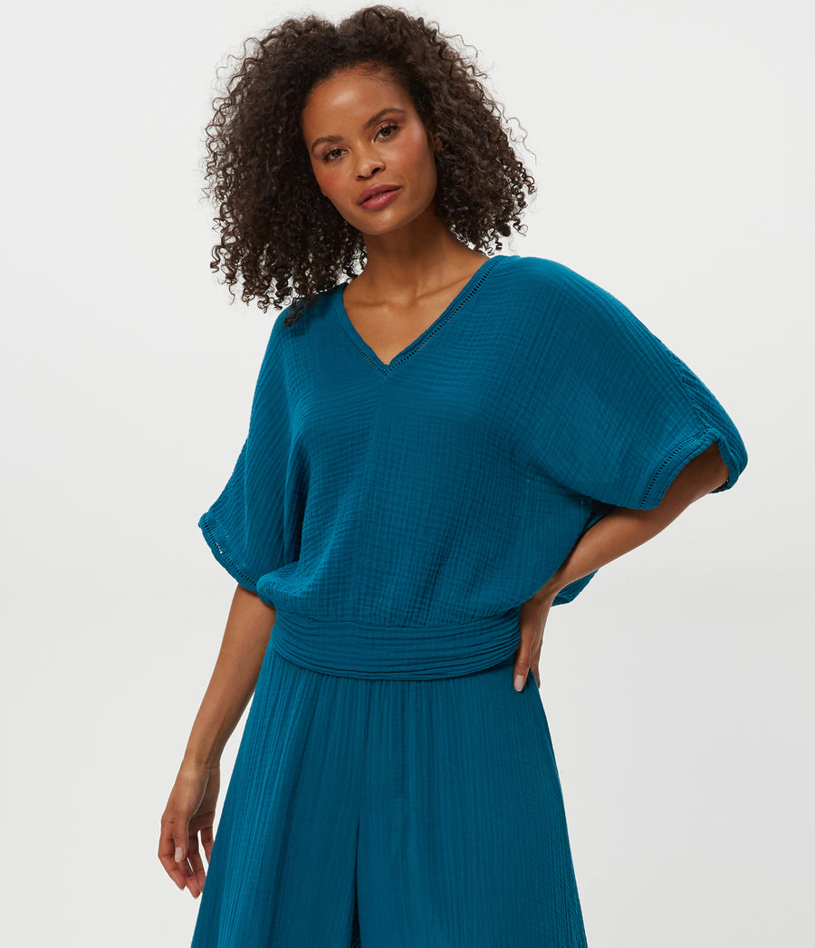 Imani Cropped Dolman Sleeve Top in LAGOON GREEN Close up View #LAGOON