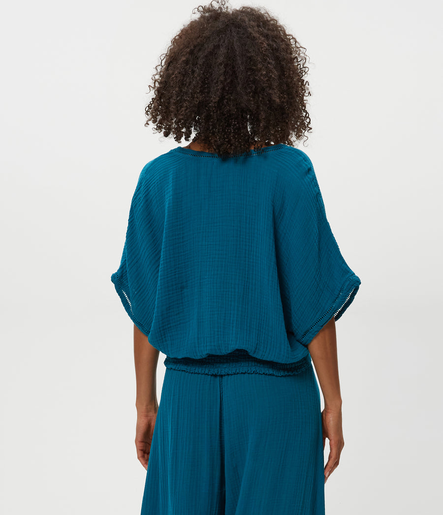 Imani Cropped Dolman Sleeve Top in LAGOON GREEN Back View #LAGOON