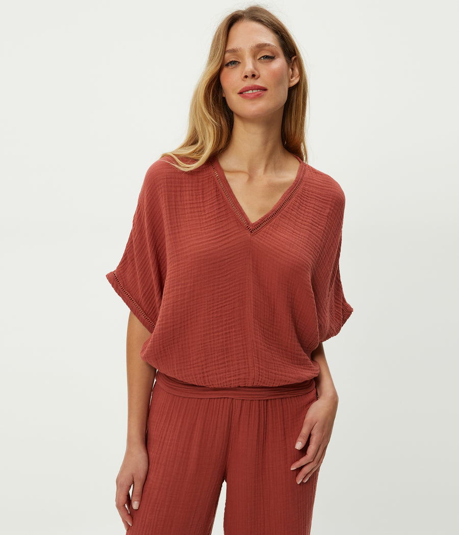 Imani Cropped Dolman Sleeve Top in MUSE ORANGE Combo Close up View #MUSE