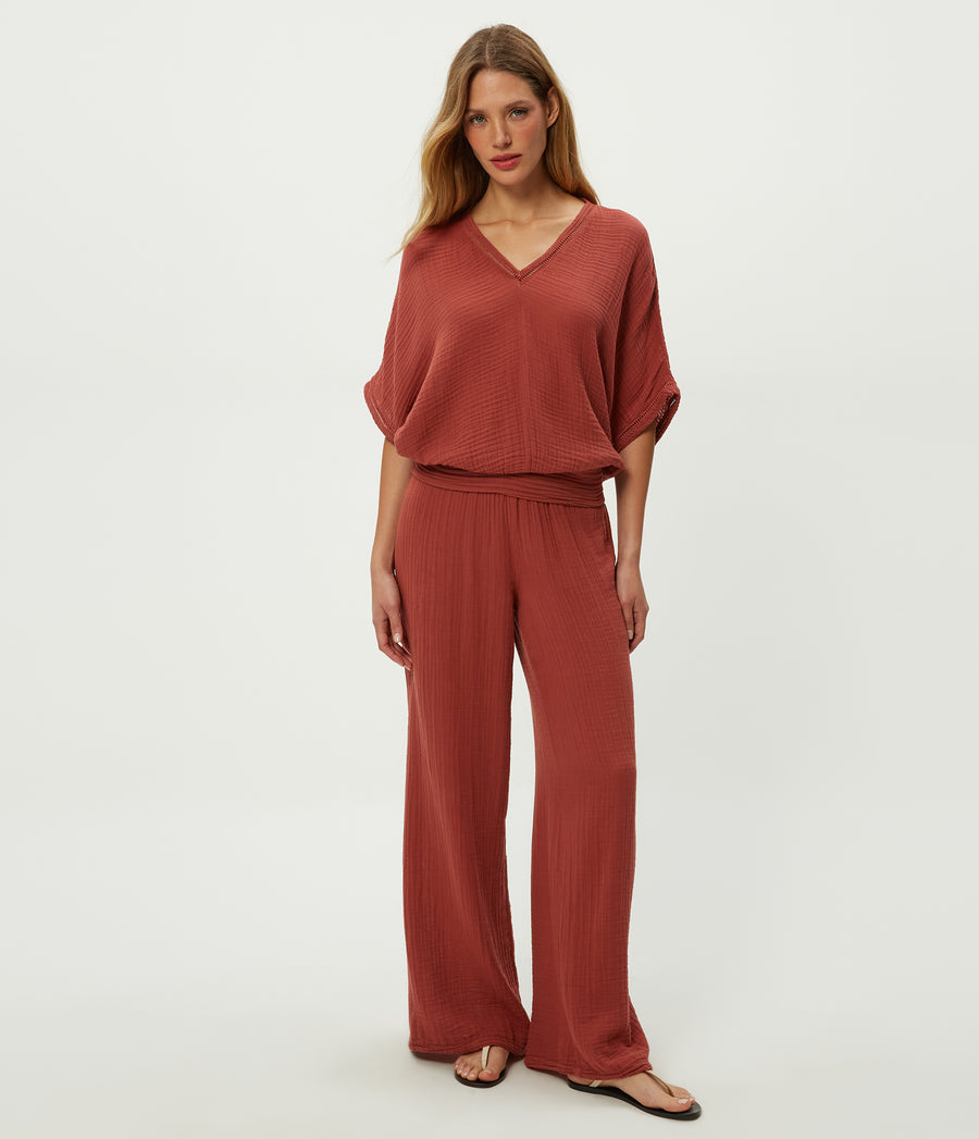 Imani Cropped Dolman Sleeve Top in MUSE ORANGE Combo Full Body View #MUSE