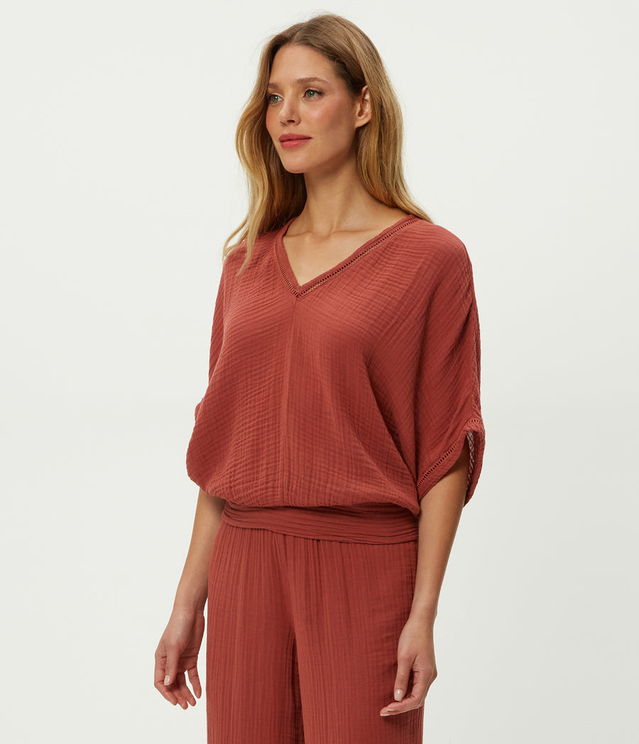 Imani Cropped Dolman Sleeve Top in MUSE ORANGE Combo Side View #MUSE