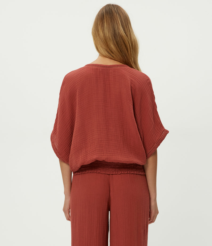 Imani Cropped Dolman Sleeve Top in MUSE ORANGE Combo Back View #MUSE