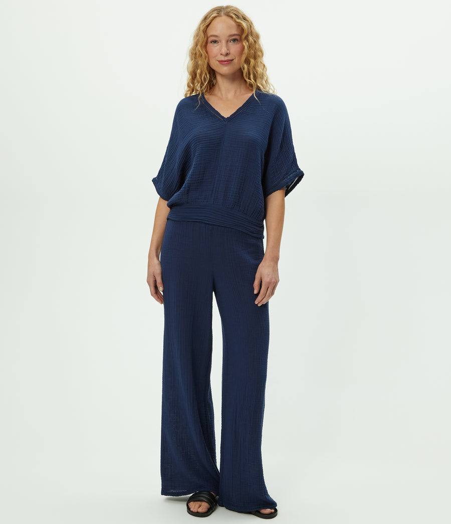 Imani Cropped Dolman Sleeve Top in Nocturnal Blue Full Body View #NOCTURNAL