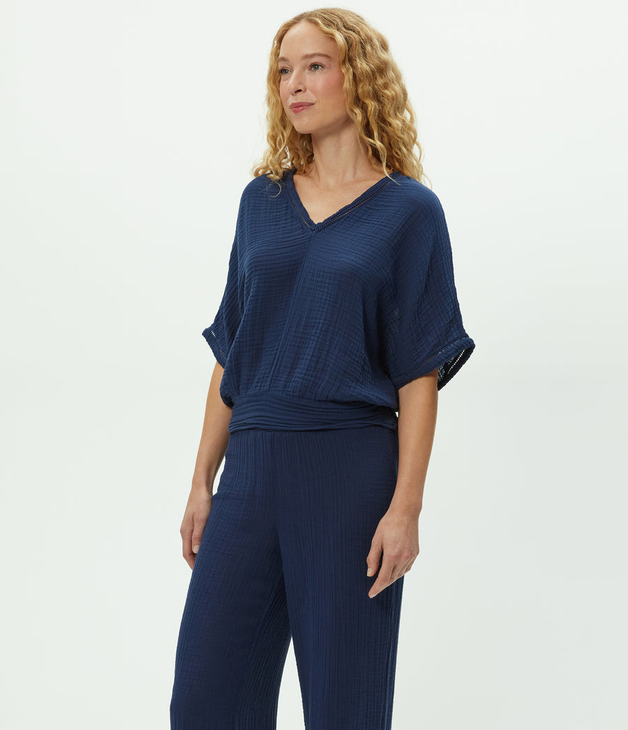 Imani Cropped Dolman Sleeve Top in Nocturnal Blue Side View #NOCTURNAL