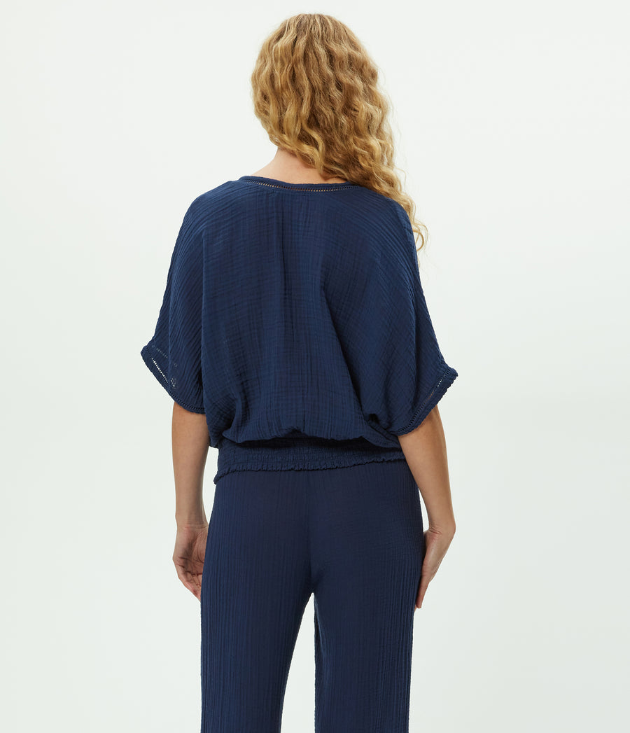 Imani Cropped Dolman Sleeve Top in Nocturnal Blue Back View  #NOCTURNAL