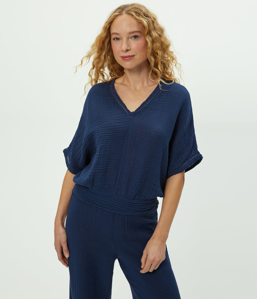 Imani Cropped Dolman Sleeve Top in Nocturnal Blue Close up View  #NOCTURNAL