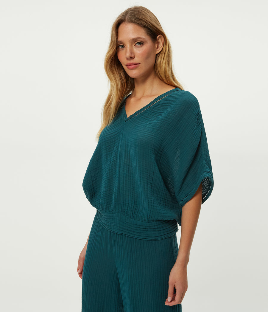 Imani Cropped Dolman Sleeve Top in RAINFOREST BLUE Combo Close up View #RAINFOREST