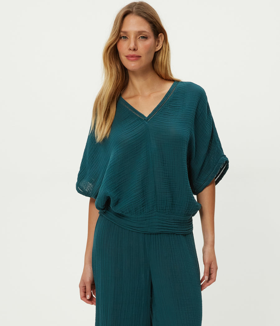 Imani Cropped Dolman Sleeve Top in RAINFOREST BLUE Combo Full Body View #RAINFOREST