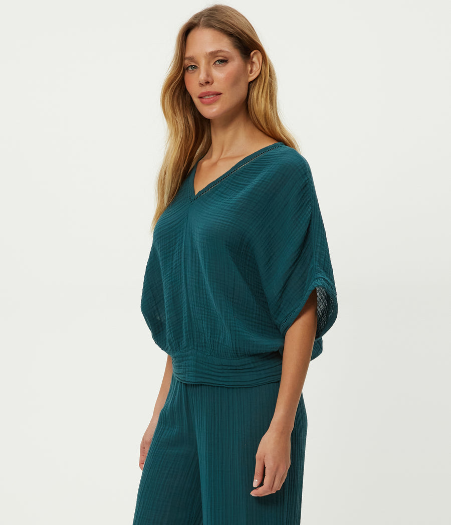 Imani Cropped Dolman Sleeve Top in RAINFOREST BLUE Combo Side View #RAINFOREST