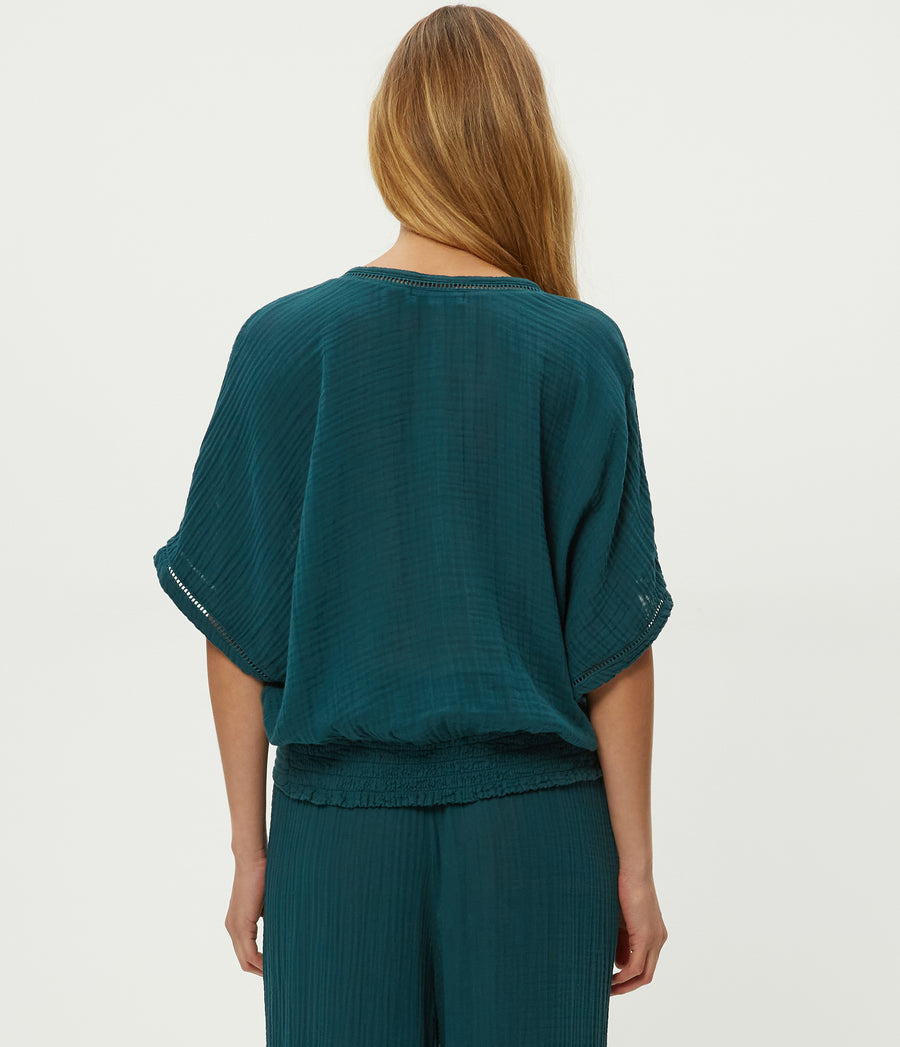 Imani Cropped Dolman Sleeve Top in RAINFOREST BLUE Combo Back View #RAINFOREST
