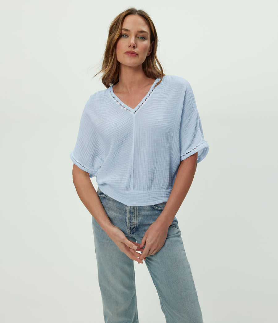 Imani Cropped Dolman Sleeve Top in SPLASH Blue Close up View #SPLASH