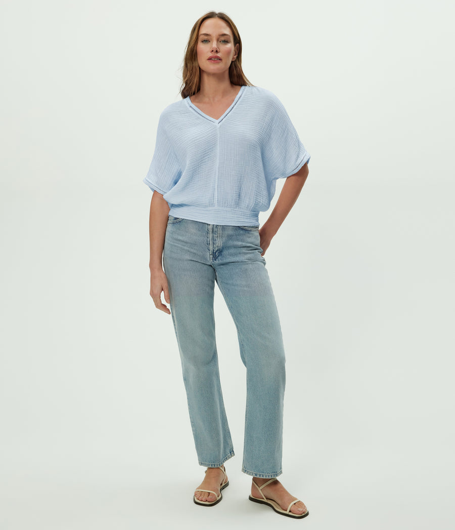 Imani Cropped Dolman Sleeve Top in SPLASH Blue Full Body View #SPLASH