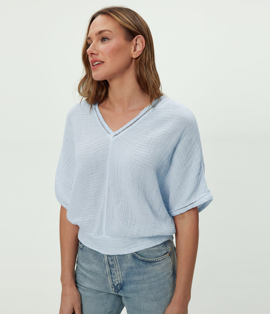 Imani Cropped Dolman Sleeve Top in SPLASH Blue Close up View #SPLASH