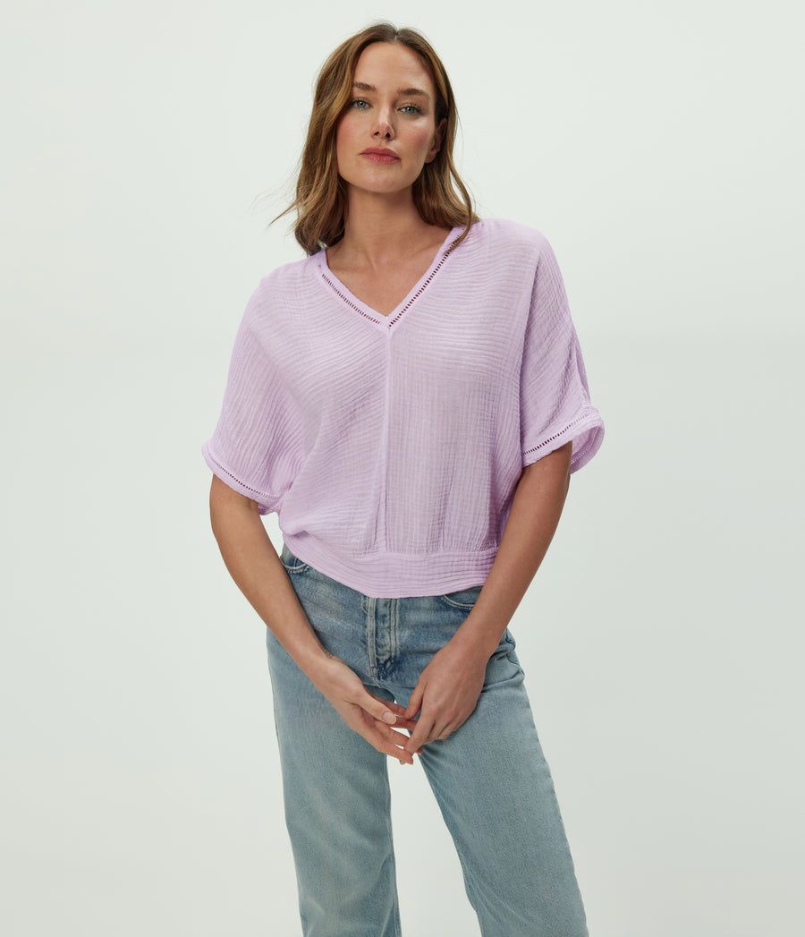 Imani Cropped Dolman Sleeve Top in WHIMSY PURPLE Close up View #WHIMSY