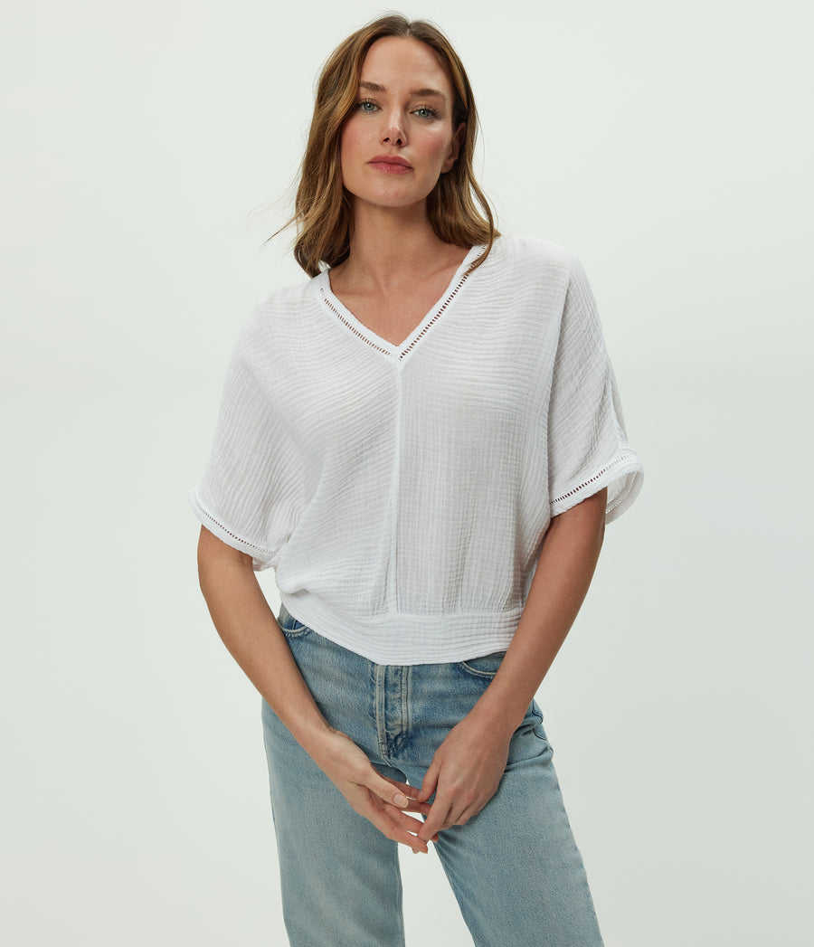 Imani Cropped Dolman Sleeve Top in White Close up View #WHITE