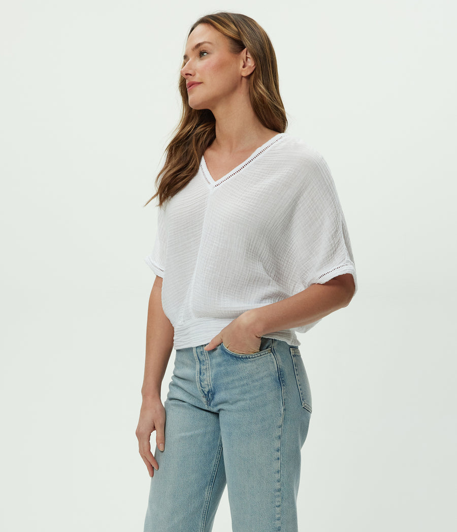 Imani Cropped Dolman Sleeve Top in White Side View #WHITE