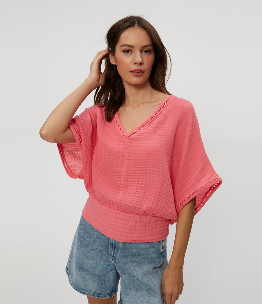 Imani Cropped Dolman Sleeve Top in ZINNIA PINK Close Up View #ZINNIA