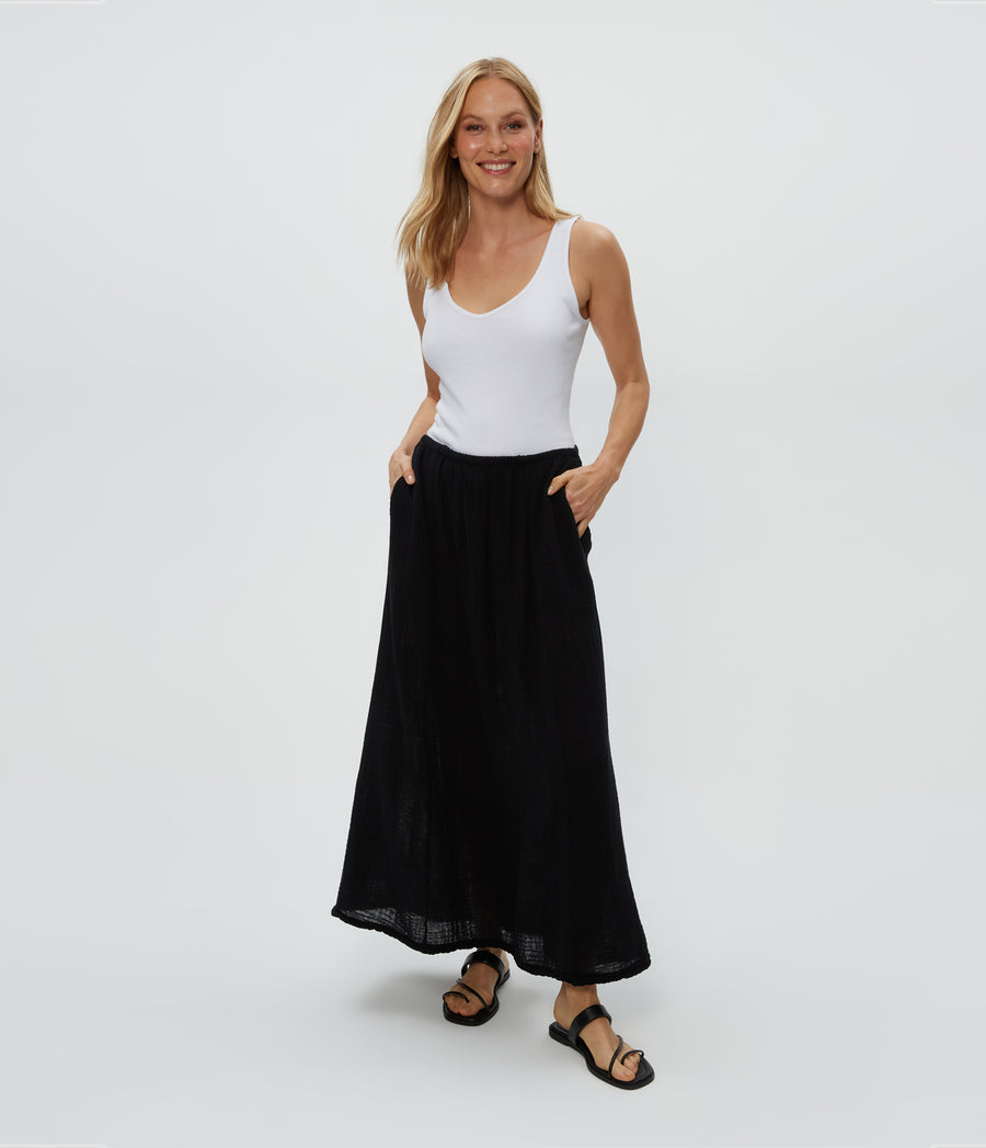 Phoebe Maxi Skirt in Black  Close Up View #BLACK